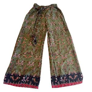 Women's Green Floral Boho Palazzo Pants Drawstring Wide Leg Border Print